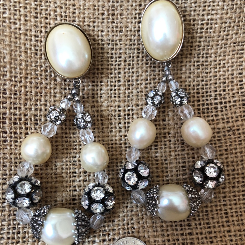 Dramatic drop clip on earrings pearl crystal etc